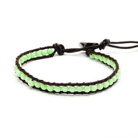 Load image into Gallery viewer, The &quot;Lederarmbänder Achat gefärbt Perlen bunt Armband Leder verstellbar unisex&quot; features light green Achat-Perlen in a single row, strung on dark brown Lederband, with a knotted loop and button closure.
