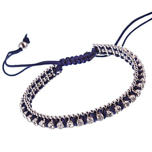 The Brass Armband Glaskristalle Satinfaden Damen 26 cm features shiny silver beads, glass crystals, and rhinestones on a dark navy satin cord with an adjustable sliding knot closure.