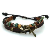 Load image into Gallery viewer, Surfer Lederarmband Stern Kreuz braun grün Band Brass Holz geflochten verstellbar Leder Perlen
