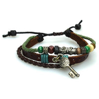 Load image into Gallery viewer, Surfer Lederarmband Blume Perlen Schlüssel Band Brass geflochten verstellbar Leder grün blau
