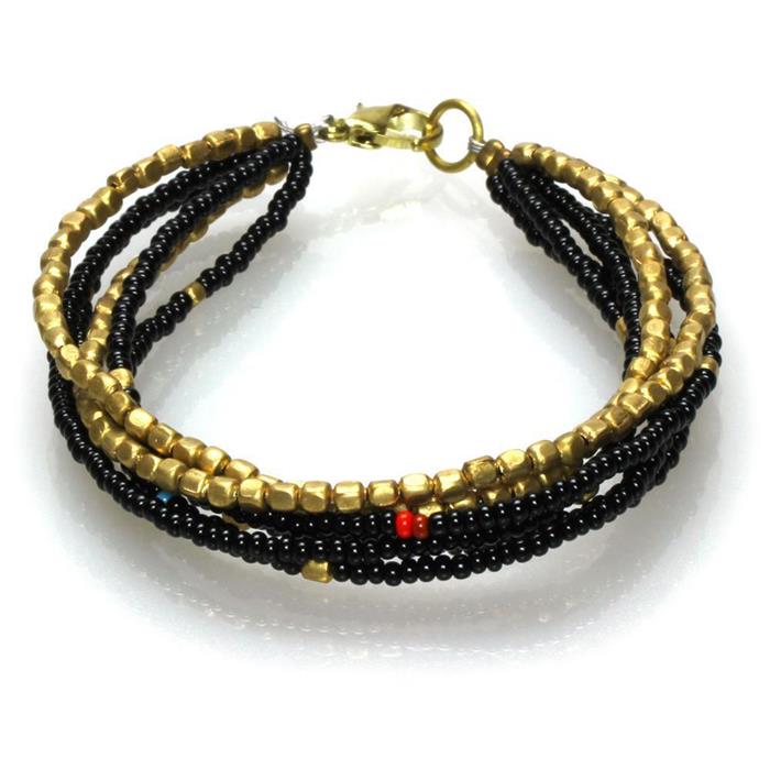 Messing Armband mehrlagig golden eckig schwarz nickelfrei Perlen antik Tribal 17,8 cm Karabiner
