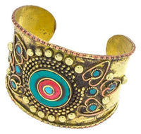 Load image into Gallery viewer, Messing Armreif gold Raute Herz Kreis grün Malachit rot Jaspis breit nickelfrei verstellbar antik
