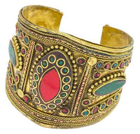 Load image into Gallery viewer, Messing Armreif gold Raute Mandel Seile Malachit Jaspis breit nickelfrei verstellbar antik Tribal
