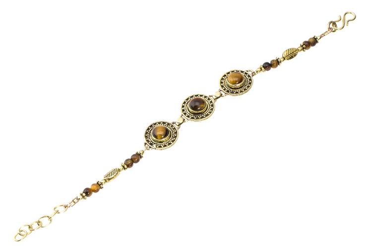 Messing Armband golden rund Dreiecke Blatt Tigerauge 17,5-21 cm Perlen