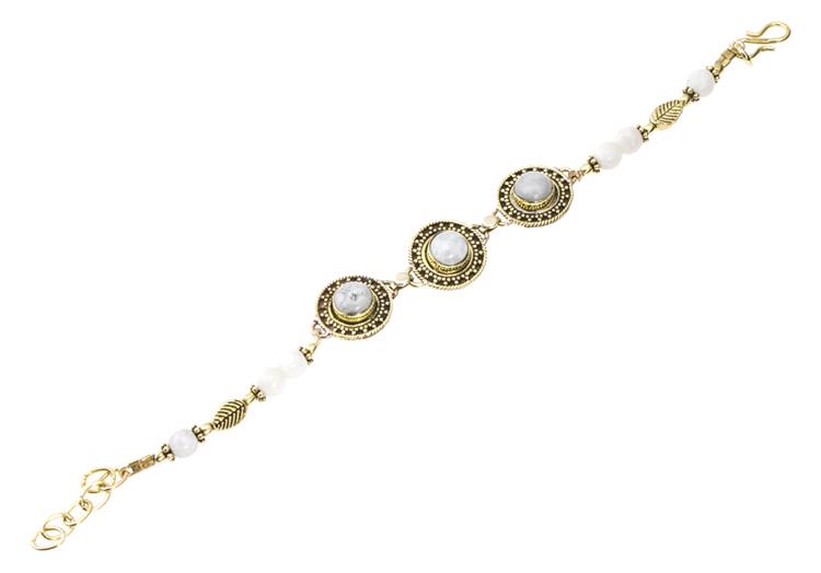 Messing Armband golden rund Dreiecke Blatt Mondstein 17,5-21 cm Perlen