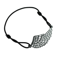 Load image into Gallery viewer, Armband Gummiband schwarz Messing Anhänger Flügel silbern dünn filigran
