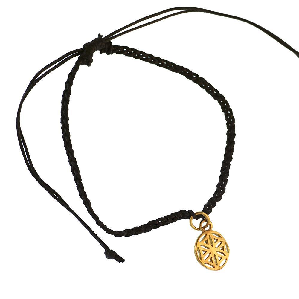 Armband geflochten verstellbar schwarz Messing Anhänger golden Blume des Lebens