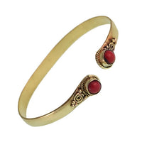 Cargar imagen en el visor de la galería, Messing Armreif golden Jaspis rund Blume Zopfrand nickelfrei verstellbar antik Tribal Schmuck
