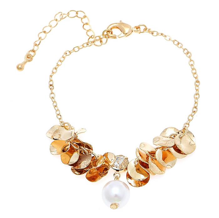 Glitzer Brass Armband Perle goldene Plättchen gebogen Zirkonia verstellbar 18-23 cm