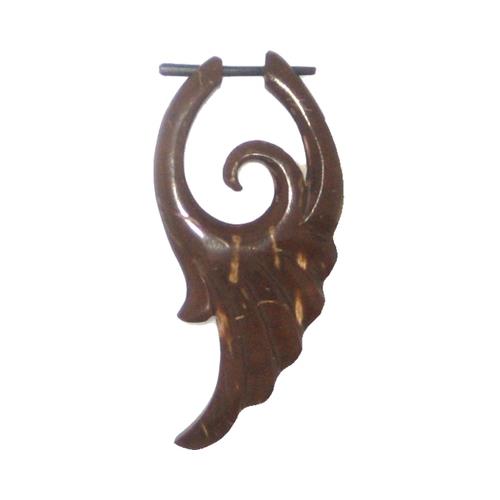 Pin-Ohrring, brauner, flügelförmiger Pin-Ohrring, handgeschnitzt aus Kokosholz, 50mm, Holzcreolen