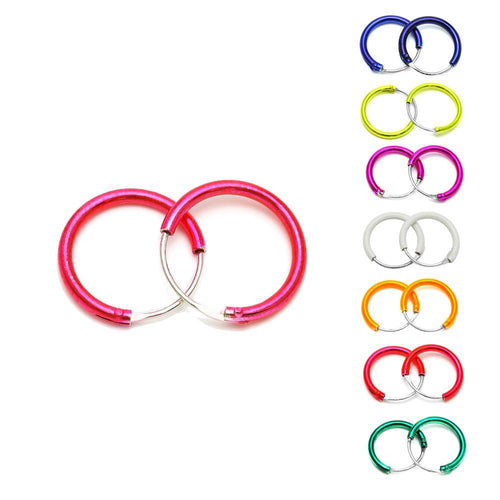 Nine pairs of Silberohrringe gefärbt metallic bunt Creolen Ohrringe 925er Sterling Silber, with the main pink pair and smaller nickel-free hoops in blue, yellow, red, white, orange, dark red, teal, and green linked vertically to the right.