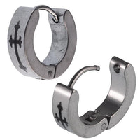 Load image into Gallery viewer, Edelstahl Creolen Ohrring silberfarben Klippverschluss Kreuz schwarz
