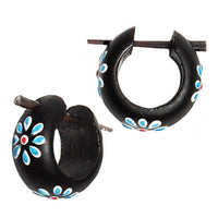 Load image into Gallery viewer, Holzcreolen dunkel Blumen blau rot Pin-Ohrringe Pin-Creolen Kokosholz Harz Damen Schmuck
