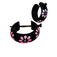 Load image into Gallery viewer, Holzcreolen Pin-Ohrringe Pin-Creolen Kokosholz Harz Damen Schmuck Dunkel Blumen Pink
