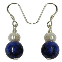 Load image into Gallery viewer, Perlen-Ohrringe, Blau und Weiß, aus Lapis, 925er Sterlingsilber-Bügel, ca.18mmØ
