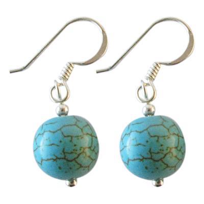 Ohrringe, Türkis mit Muster, aus Synthetik, rund, 925er Sterlingsilber-Bügel, 10mmØ