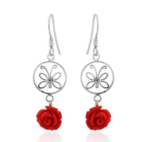 Ohrhänger Stein Perle 925er Sterling Silber Zirkonia Rose Resin Kunstharz rot