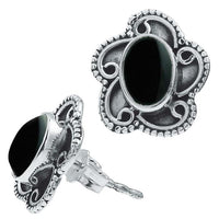 Load image into Gallery viewer, Ohrstecker schwarz Stein Onyx oval, silber Rand Blume verschnörkelt Ohrringe 925er Sterlingsilber
