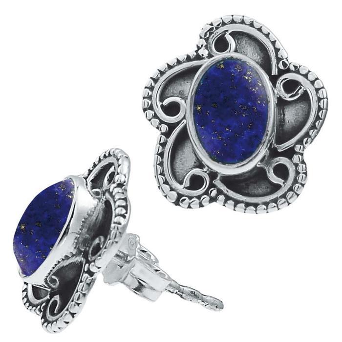 Ohrstecker blau Stein Lapis oval, silber Rand Blume verschnörkelt Ohrringe 925er Sterlingsilber