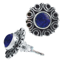 Cargar imagen en el visor de la galería, Ohrstecker blau Stein Lapis rund, silber Rand Blume Kreise Ohrringe 925er Sterlingsilber
