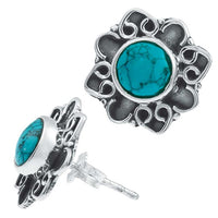 Load image into Gallery viewer, Ohrstecker Türkis rund, silber Rand Blume verschnörkelt Herz Ohrringe 925er Sterlingsilber
