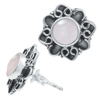 Load image into Gallery viewer, Ohrstecker weiß Mondstein rund, silber Rand Blume verschnörkelt Herz Ohrringe 925er Sterlingsilber
