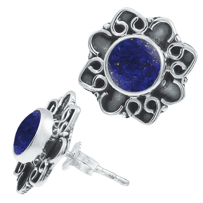 Ohrstecker blau Lapis Stein rund, silber Rand Blume verschnörkelt Herz Ohrringe 925er Sterlingsilber