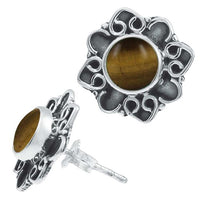 Load image into Gallery viewer, Ohrstecker braun Stein Tigerauge rund, silber Rand Blume verschnörkelt Herz 925er Sterlingsilber
