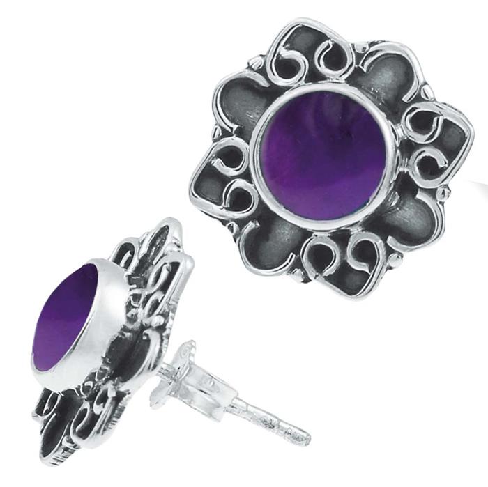 Ohrstecker lila Stein Amethyst rund, silber Rand Blume verschnörkelt Herz 925er Sterlingsilber