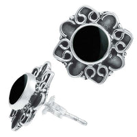 Load image into Gallery viewer, Ohrstecker schwarz Stein Onyx rund, silber Rand Blume verschnörkelt Herz 925er Sterlingsilber
