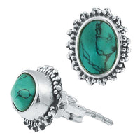 Load image into Gallery viewer, Silberohrstecker Türkis oval 10 mm Punkte Spitzen Rand 925er Sterling Silber
