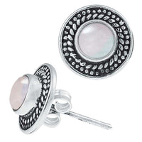 Load image into Gallery viewer, Ohrstecker Mondstein rund Scheibe Kranz 10 mm Ø 925er Sterling Silber oxidiert
