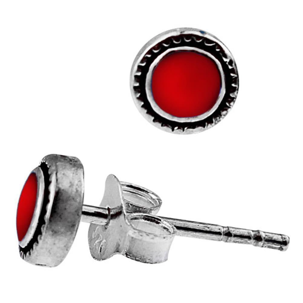 Ohrstecker rot Koralle rund 5 mm Ø 925er Sterling Silber dunkel oxidiert Rand