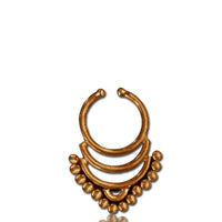 Load image into Gallery viewer, Septum Fake Piercing Nasenringe drei Bögen Kugeln Messing antik goldfarben
