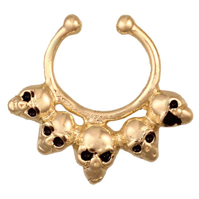 Fake Septum Piercing goldfarben Totenköpfe schwarze Augen Edelstahl