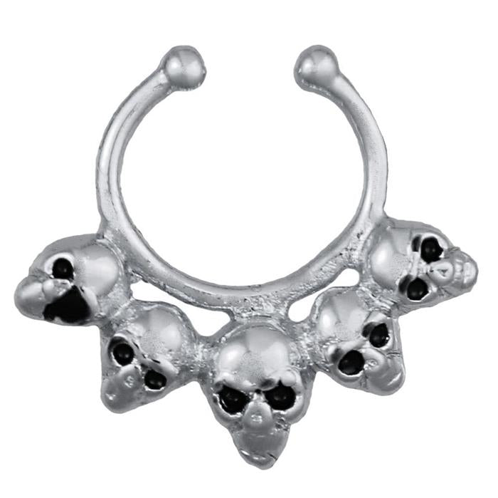 Fake Septum Piercing silberfarben Totenköpfe schwarze Augen Edelstahl