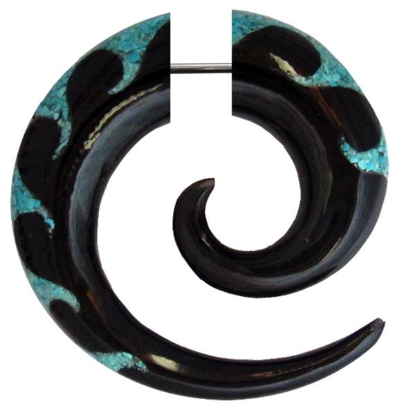 Fake Piercing, Buffalo Horn Achat Spirale, schwarz mit türkisfarbenem Wellenmuster, Expander, Ohrhänger, Ohrstecker, Ohrring