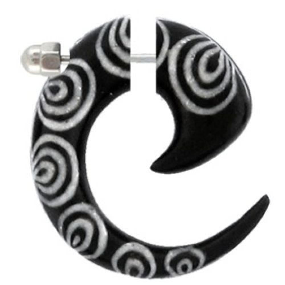 Fake Piercing, Horn Psycodelic Spirale, schwarz mit weißem Bone-Inlay, Expander, Ohrhänger, Ohrstecker, Ohrring