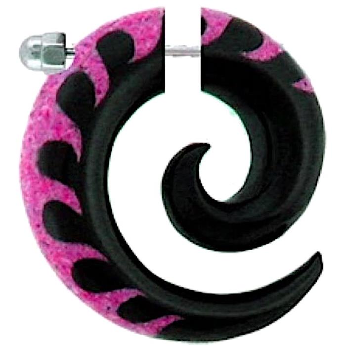 Fake Piercing, Buffalo Horn Achat Spirale, schwarz mit pinkem Wellenmuster, Expander, Ohrhänger, Ohrstecker, Ohrring