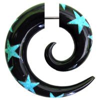 Load image into Gallery viewer, Fake Piercing Horn Sternen Spirale schwarz türkis Bone-Inlay, Expander, Ohrhänger, Ohrstecker

