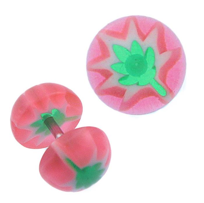 Fake Plug Piercing Halbkugel in pink mit grünem Hanfblatt aus Acryl und Edelstahl Stift