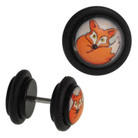 Load image into Gallery viewer, Fake Piercing Plug Tunnel Fuchs orange grüne Augen Acryl Gummiring 7 mm
