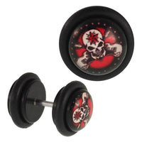 Cargar imagen en el visor de la galería, Fake Piercing Plug Tunnel Totenkopf rot Punkte Stern schwarz Gummiring 7 mm

