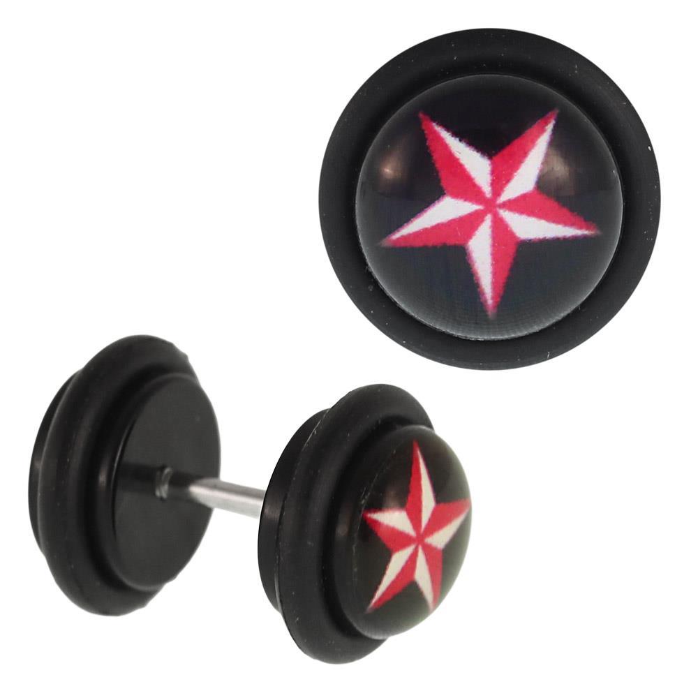 Fake Piercing Plug schwarz Stern rot und weiß Gummiring 7 mm