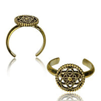 Cargar imagen en el visor de la galería, Messing Zehenring Lebensblume Punkterand golden antik verstellbar nickelfrei
