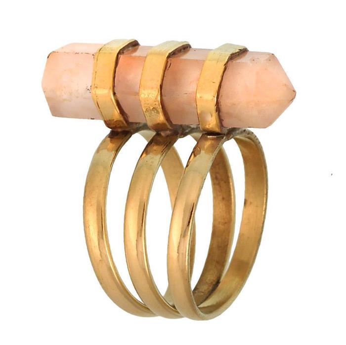 Messing Ring golden Edelstein Rosenquarz rosé Stiftform glatt geschliffen antik