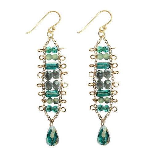 Brass Glaskristall Ohrringe gold grün türkis Tropfen lang Ohrhänger Ethno Designer