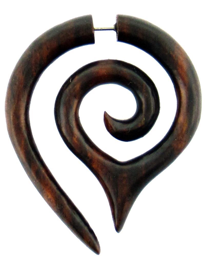 Tribal Maori Spirale Spitze braun Fake Piercing Ohrring Sono Holz Ohrstecker Edelstahl 1 mm