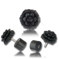 Load image into Gallery viewer, Fake Plug Piercing Arang Holz schwarz Blume vierreihig geschnitzt Edelstahl Ohrstecker 1 mm
