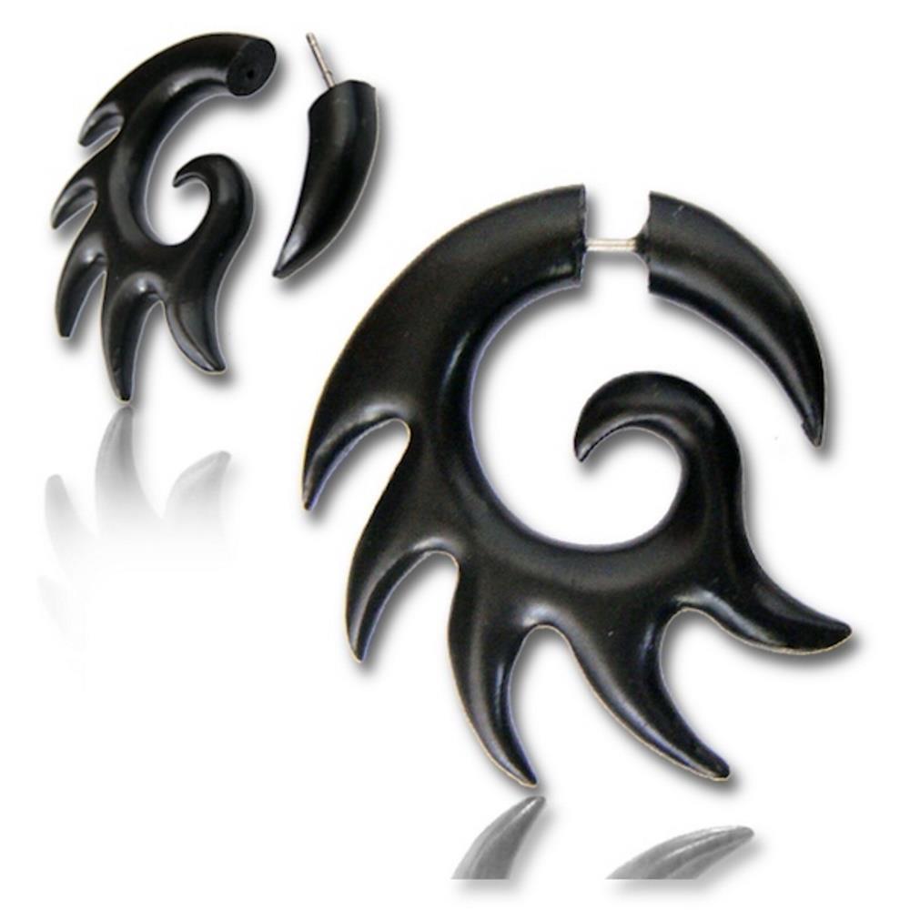 Narra Holz Tribal Fake Piercing Spirale Zacken Expander schwarz Organic Edelstahl 1 mm Ohrstecker